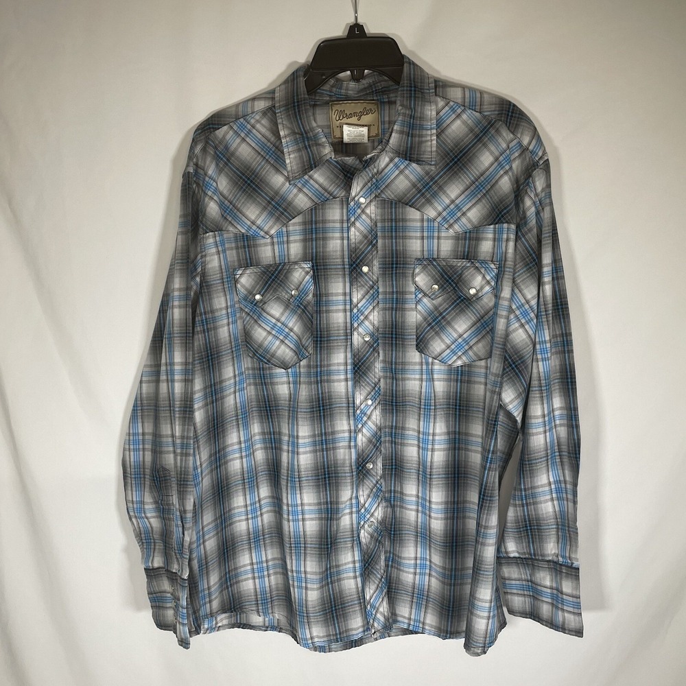 Wrangler Western Shirt Men's 2XL Pearl Snap Gray Blue Black Plaid Cotton Cowboy